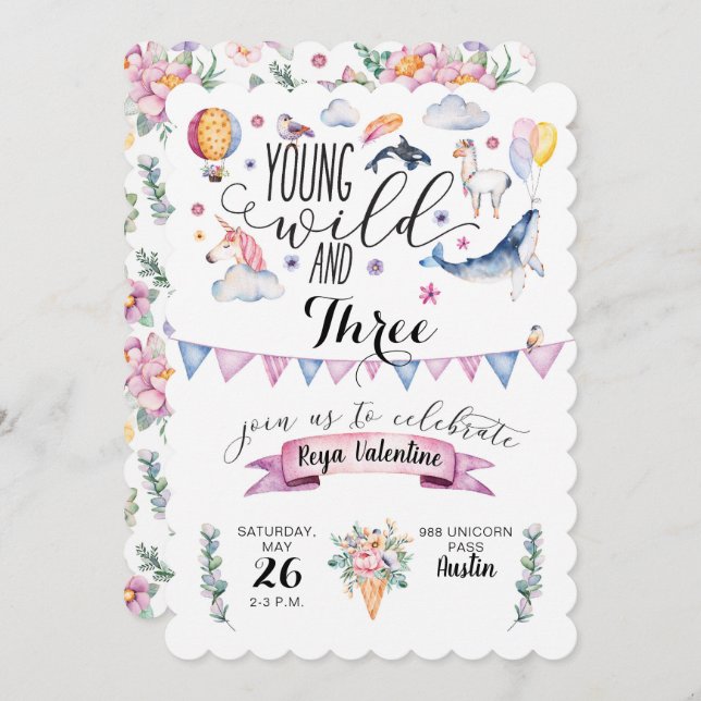 Young, Wild, and Three Birthday Party Invitations (Front/Back)