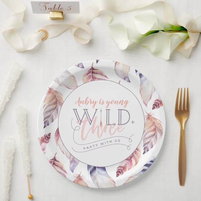 Young, wild and three birthday party paper plate (Wedding)
