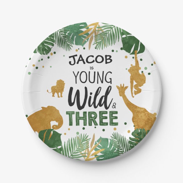 Young Wild and Three birthday Safari Animals Boy Paper Plate (Front)