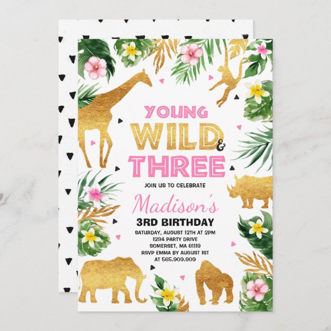 Young Wild And Three Birthday Safari Animals Invitation (Front/Back)