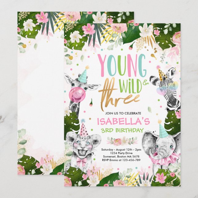 Young Wild And Three Birthday Safari Animals Party Invitation (Front/Back)