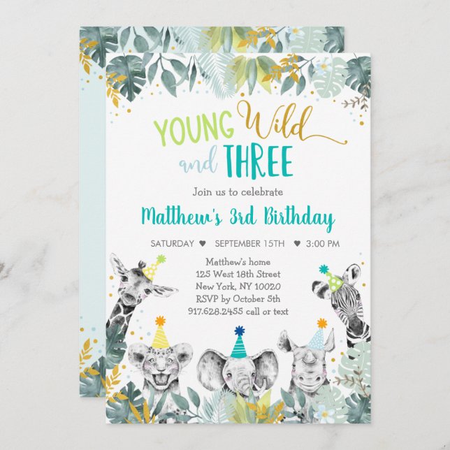 Young Wild And Three Blue Party Animal Birthday Invitation (Front/Back)