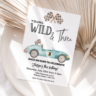Young Wild and THREE Blue Race car 3rd birthday Invitation