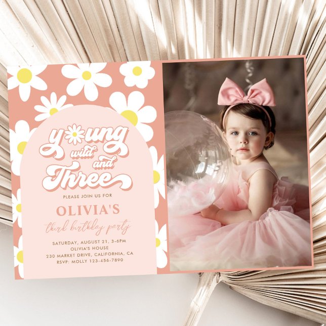 Young Wild And Three Boho Daisy 3rd Birthday Photo Invitation (Creator Uploaded)