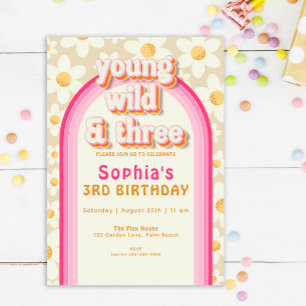 Young Wild and Three Boho Daisy Rainbow Birthday I Invitation