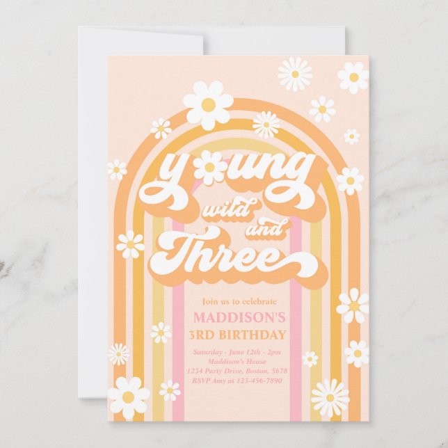 Young Wild And Three Boho Daisy Rainbow Birthday Invitation (Front)