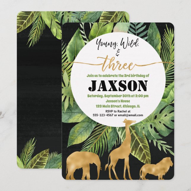 Young wild and three boy birthday invitation gold (Front/Back)