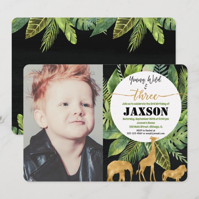 Young wild and three boy birthday photo invitation (Front/Back)