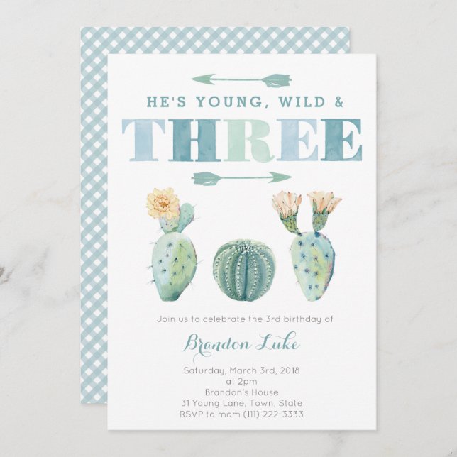 Young Wild and THREE Cactus 3rd Birthday Party Invitation (Front/Back)