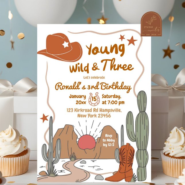 Young Wild and Three Desert Cowboy Birthday Invitation (Creator Uploaded)