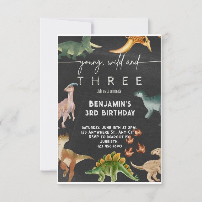 Young Wild and Three Dinosaur Watercolor Birthday  Invitation (Front)