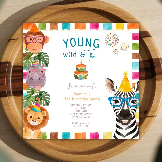 Young Wild And Three Fun Animals 3rd Birthday Invitation (Creator Uploaded)