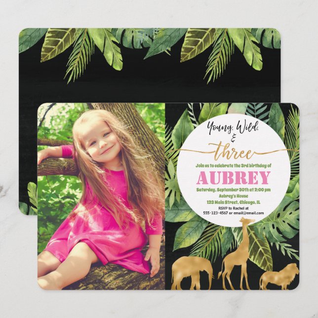 Young wild and three girl birthday invitation gold (Front/Back)