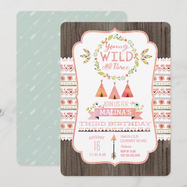 Young, Wild, and Three Girl Birthday Invitations (Front/Back)