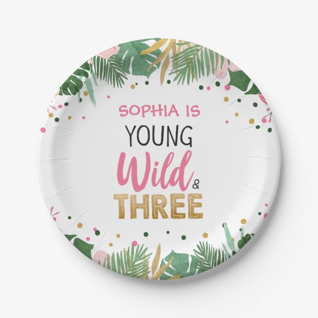 Young Wild and Three Girl Pink Tropical Safari Paper Plate (Front)