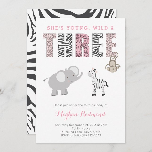 Young, Wild and THREE Girl Zoo 3rd Birthday Party Invitation (Front/Back)