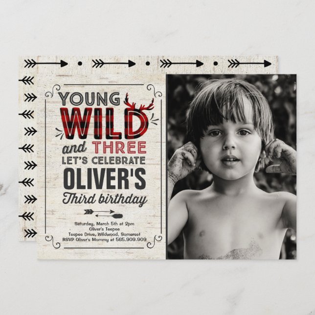 Young Wild And Three Invitation Rustic Lumberjack (Front/Back)