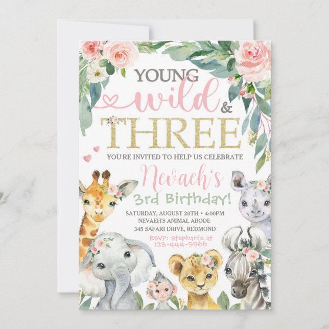 Young Wild and Three Invitation | Safari Birthday (Front)