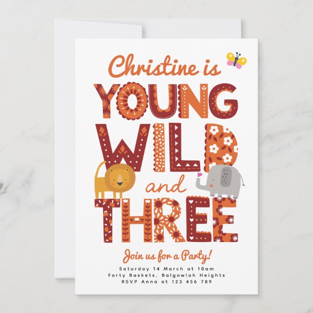 Young, Wild and Three Invite, Safari 3rd Birthday Invitation (Front)