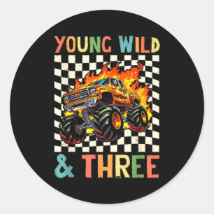Young Wild And Three Monster Truck 3rd Birthday 3y Classic Round Sticker