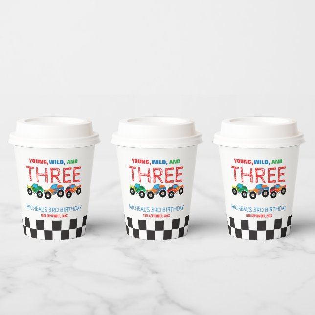 Young Wild and Three Monster Truck Boy Birthday  Paper Cups (Multi)