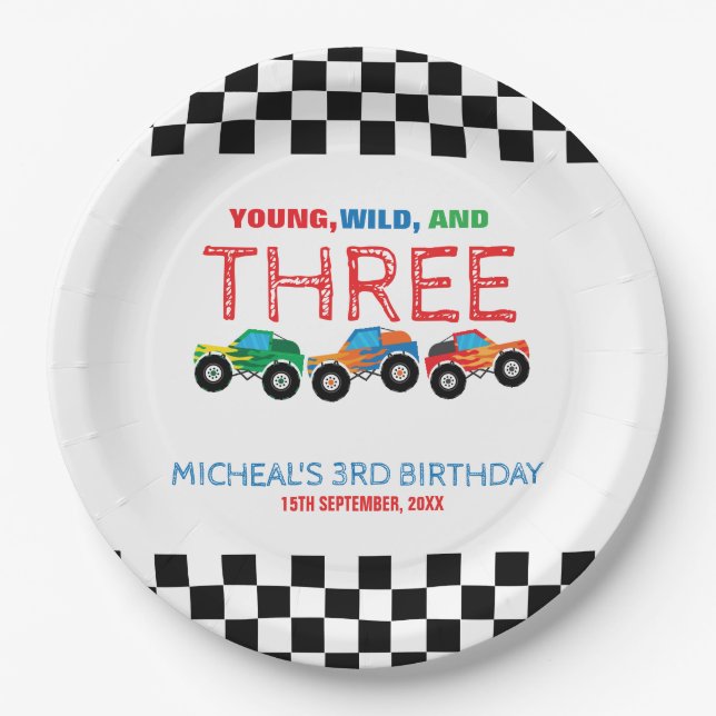 Young Wild and Three Monster Truck Boy Birthday  Paper Plate (Front)