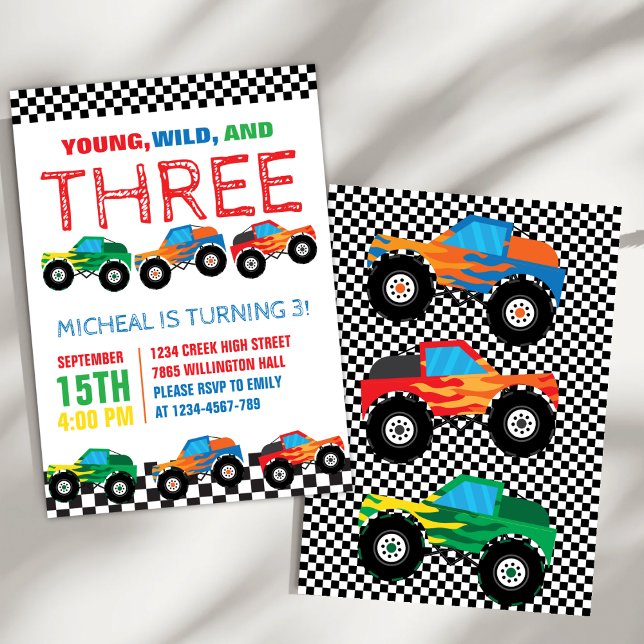 Young Wild and Three Monster Truck Boys Birthday  Invitation (Creator Uploaded)