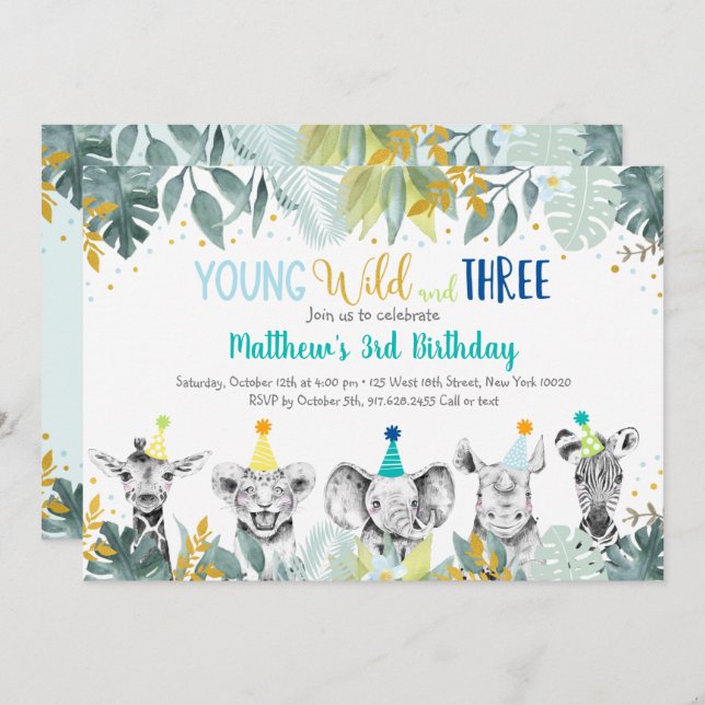 Young Wild And Three Party Animal Blue Birthday Invitation (Front/Back)