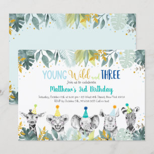 Young Wild And Three Party Animal Blue Birthday Invitation