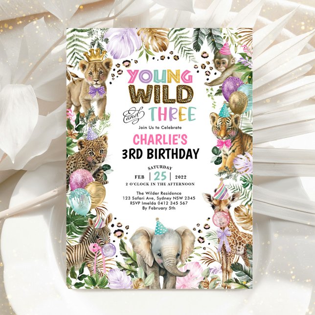 Young Wild and Three Party Animals Girl Birthday Invitation (Creator Uploaded)