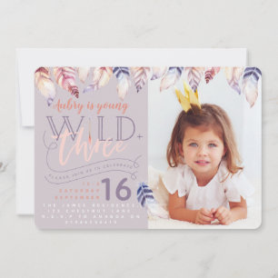Young, wild and three photo birthday invitation. invitation