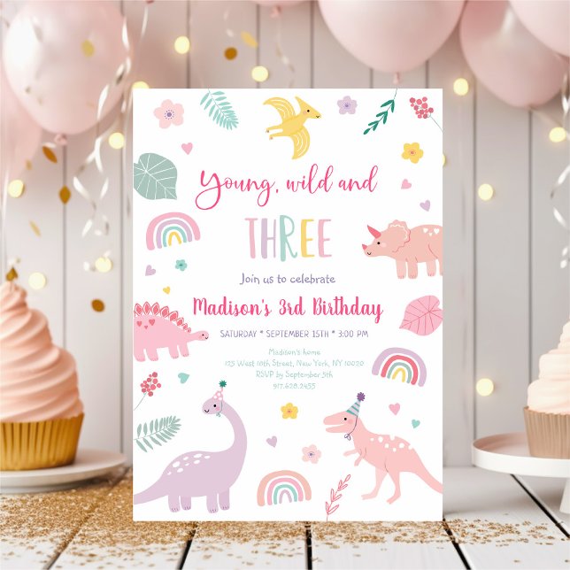 Young Wild and Three Pink Dinosaur Birthday Invitation (Creator Uploaded)