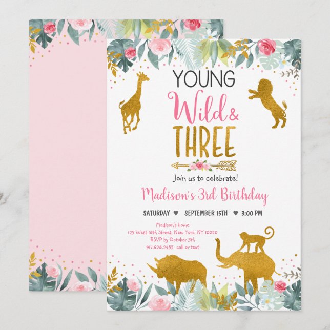 Young Wild And Three Pink Gold Safari Birthday Invitation (Front/Back)