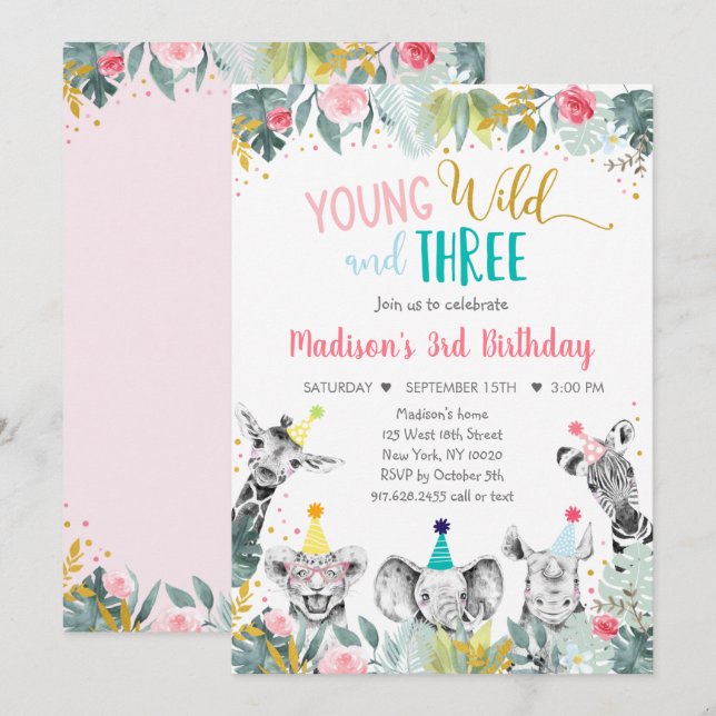 Young Wild And Three Pink Party Animal Birthday Invitation (Front/Back)