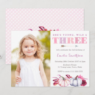 Young Wild and Three, Pumpkin 3rd Birthday Party Invitation