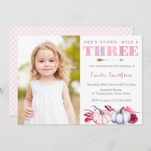 Young Wild and Three, Pumpkin 3rd Birthday Party Invitation (Front/Back)