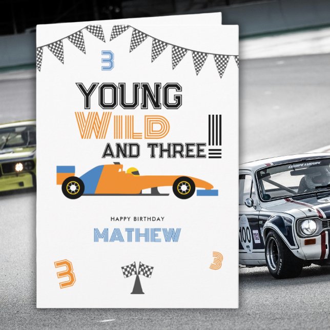 Young Wild And Three Race Car 3rd Boy Birthday  Card (Creator Uploaded)