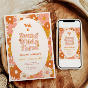 Young Wild and Three Retro Daisy 3rd Birthday Invitation