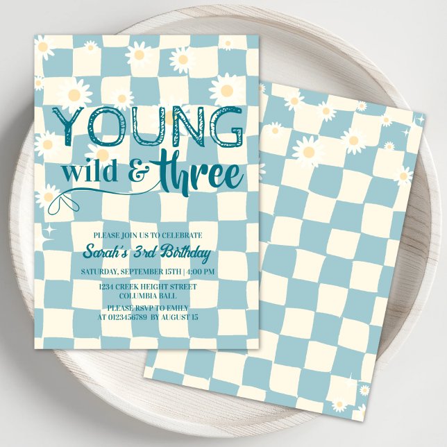 Young Wild and Three Retro Daisy 3rd Birthday Invitation (Creator Uploaded)