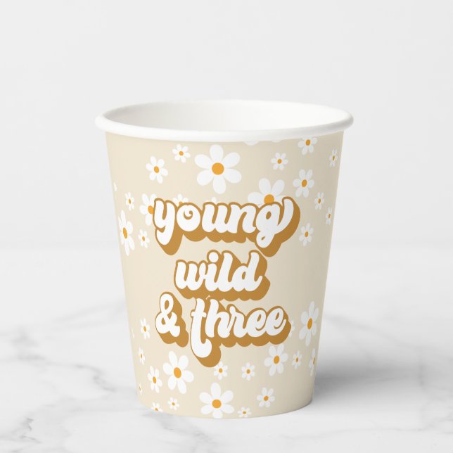 Young Wild and Three Retro Daisy 3rd Birthday Paper Cups (Front)