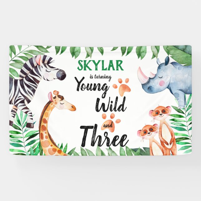 Young Wild and Three Safari Animal 3rd Birthday Banner (Horizontal)