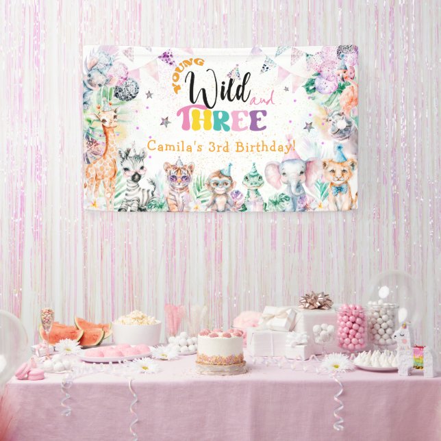 Young Wild and Three Safari Animal 3rd Birthday Banner (Party)