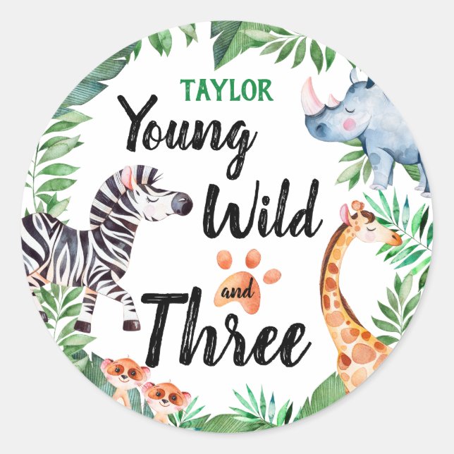 Young Wild and Three Safari Animal 3rd Birthday Classic Round Sticker (Front)