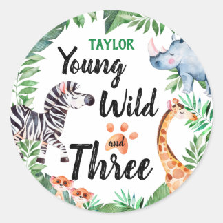 Young Wild and Three Safari Animal 3rd Birthday Classic Round Sticker