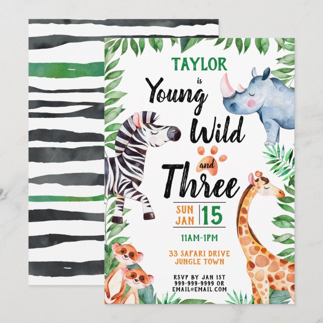 Young Wild and Three Safari Animal 3rd Birthday Invitation (Front/Back)