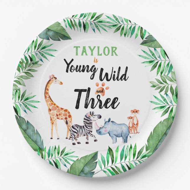 Young Wild and Three Safari Animal 3rd Birthday Paper Plate (Front)