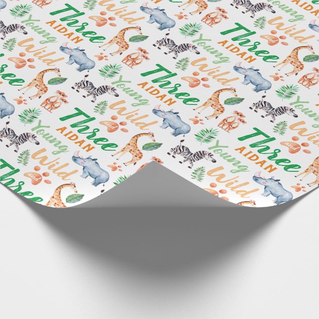 Young Wild and Three Safari Animal 3rd Birthday Wrapping Paper (Corner)