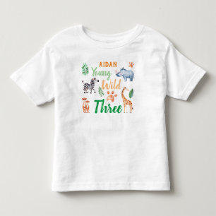 Young Wild and Three Safari Animal Birthday Toddler T-Shirt