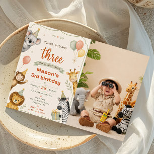 Young Wild And Three Safari Animals 3rd Birthday Invitation