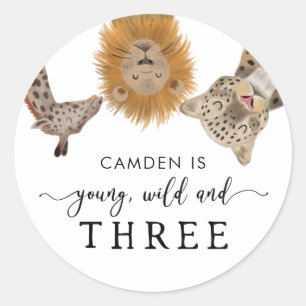 Young Wild and Three Safari Animals Birthday Party Classic Round Sticker